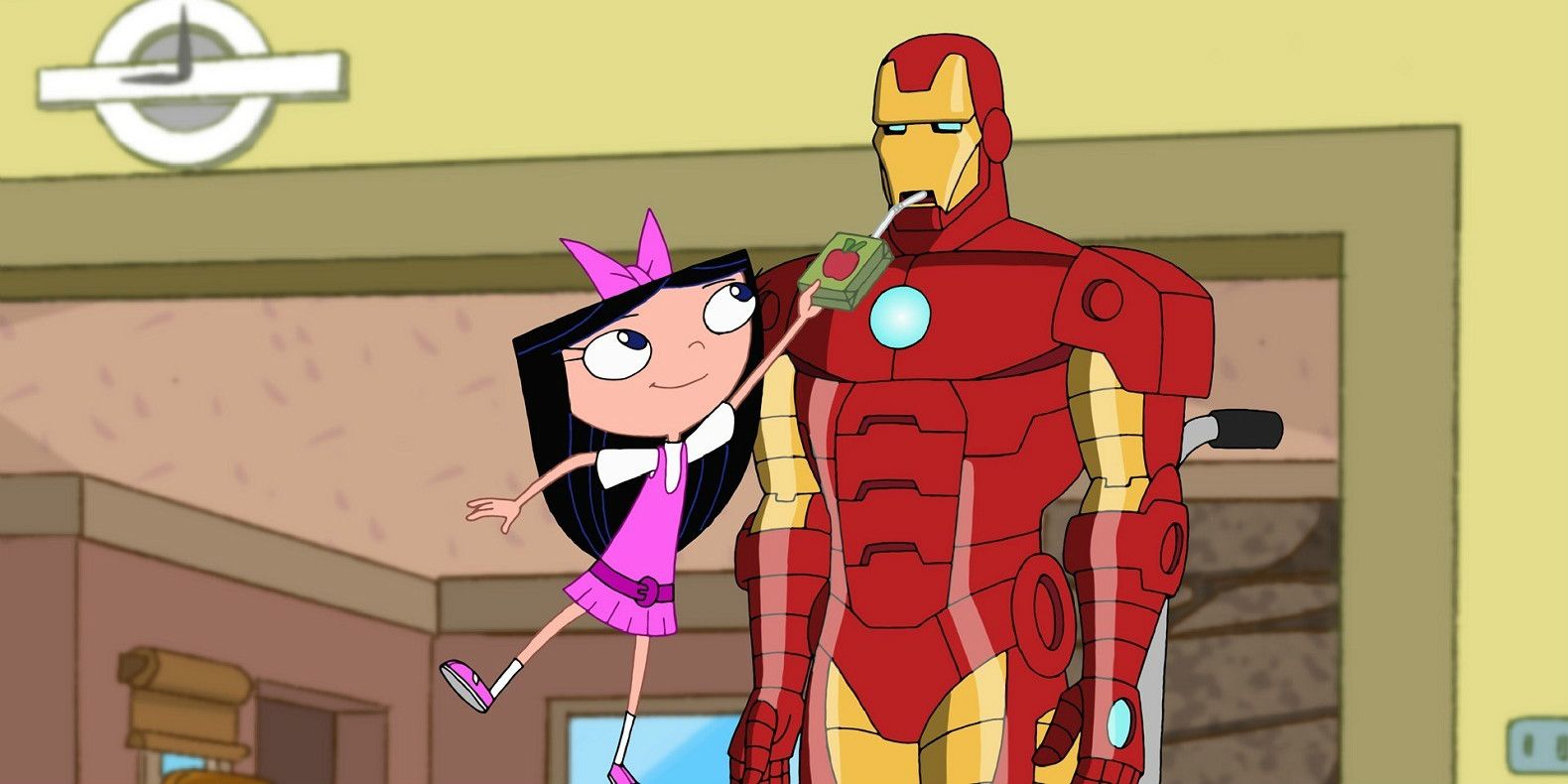 Isabella feeds Iron Man a juice box in Phineas and Ferb: Mission Marvel