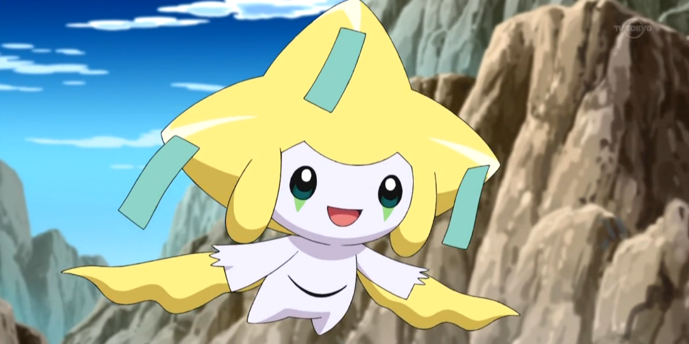 Jirachi smiles while floating in the mountains