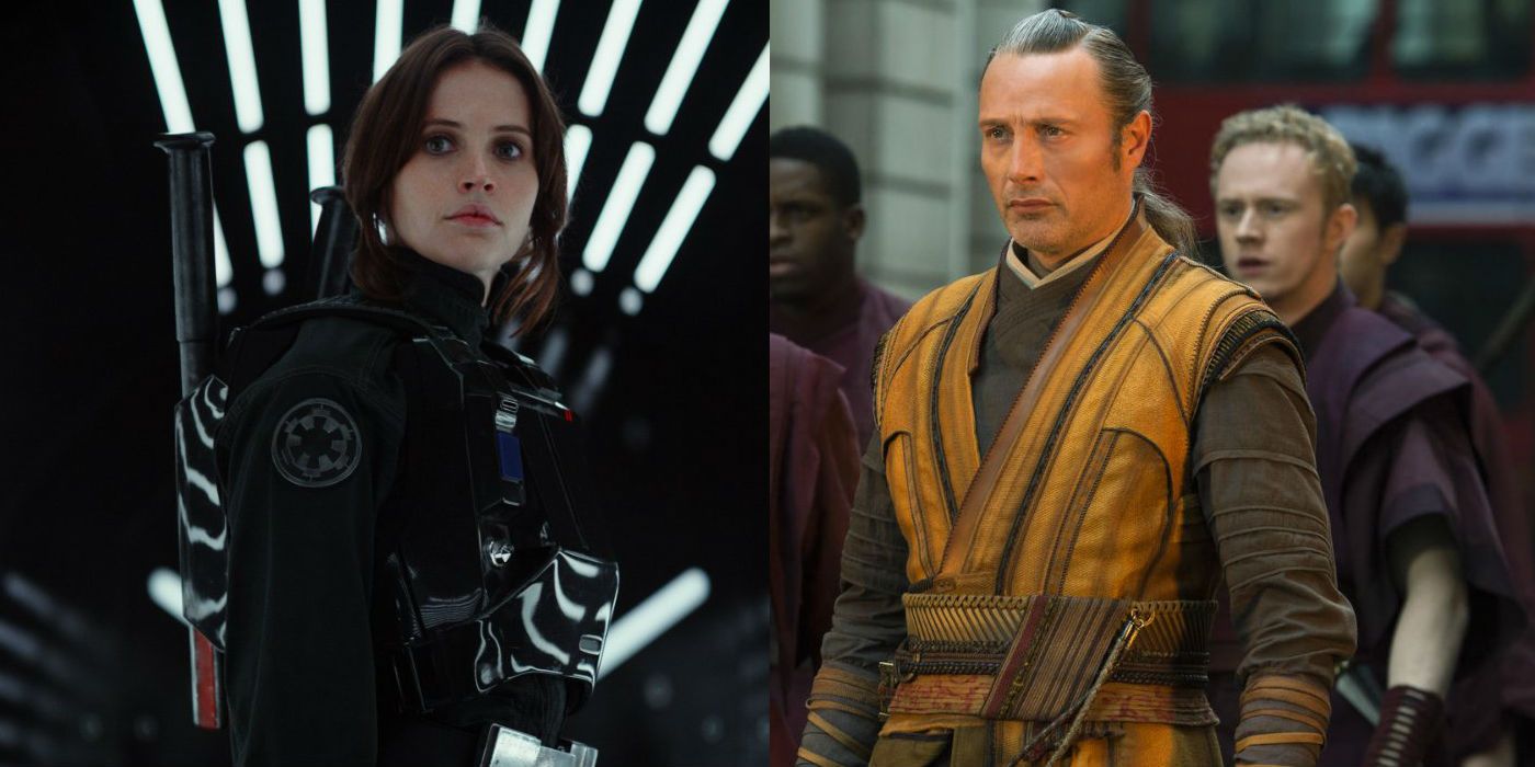 Felicity Jones as Jyn Erso in Rogue One: A Star Wars Story and Mads Mikkelsen as Kaecilius in Doctor Strange