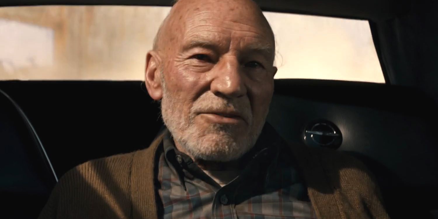 Charles Xavier sitting in the back of a limo in Logan