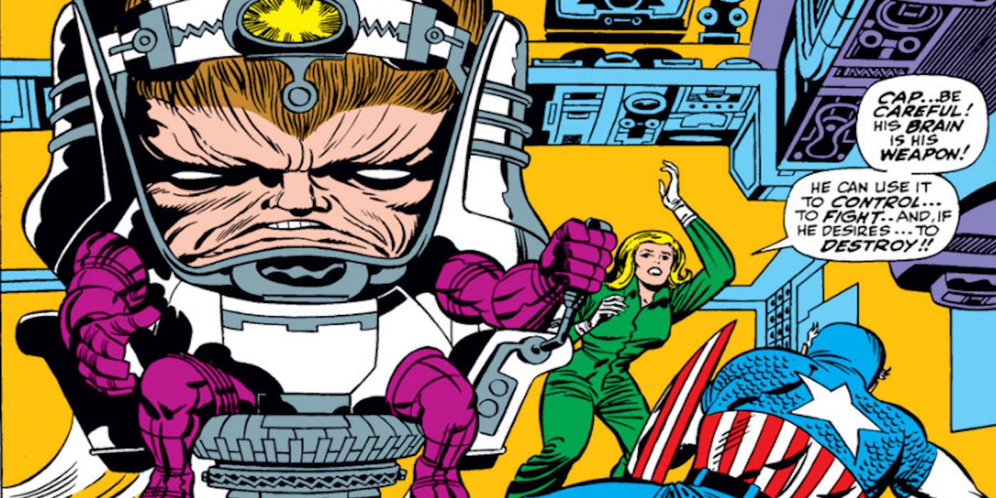 MODOK fights Captain America in Marvel Comics.