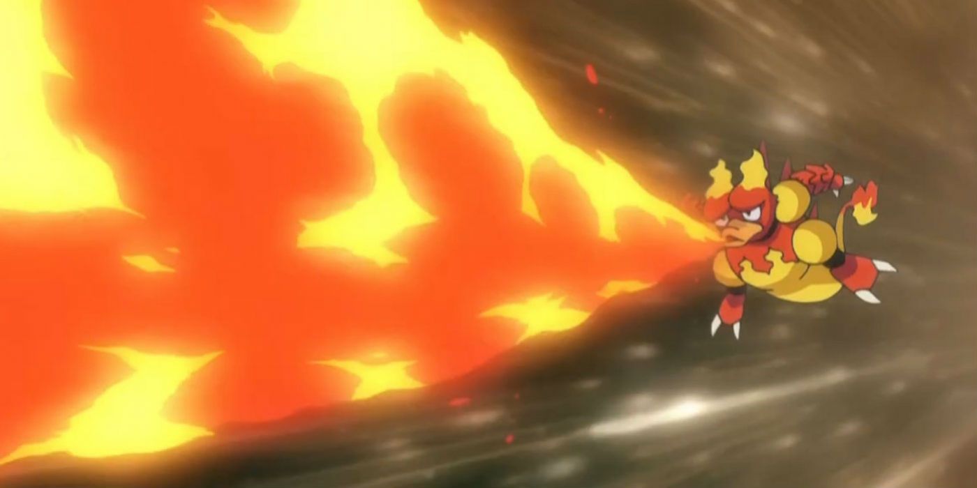 The Pokemon Magmar spitting fire out of its mouth