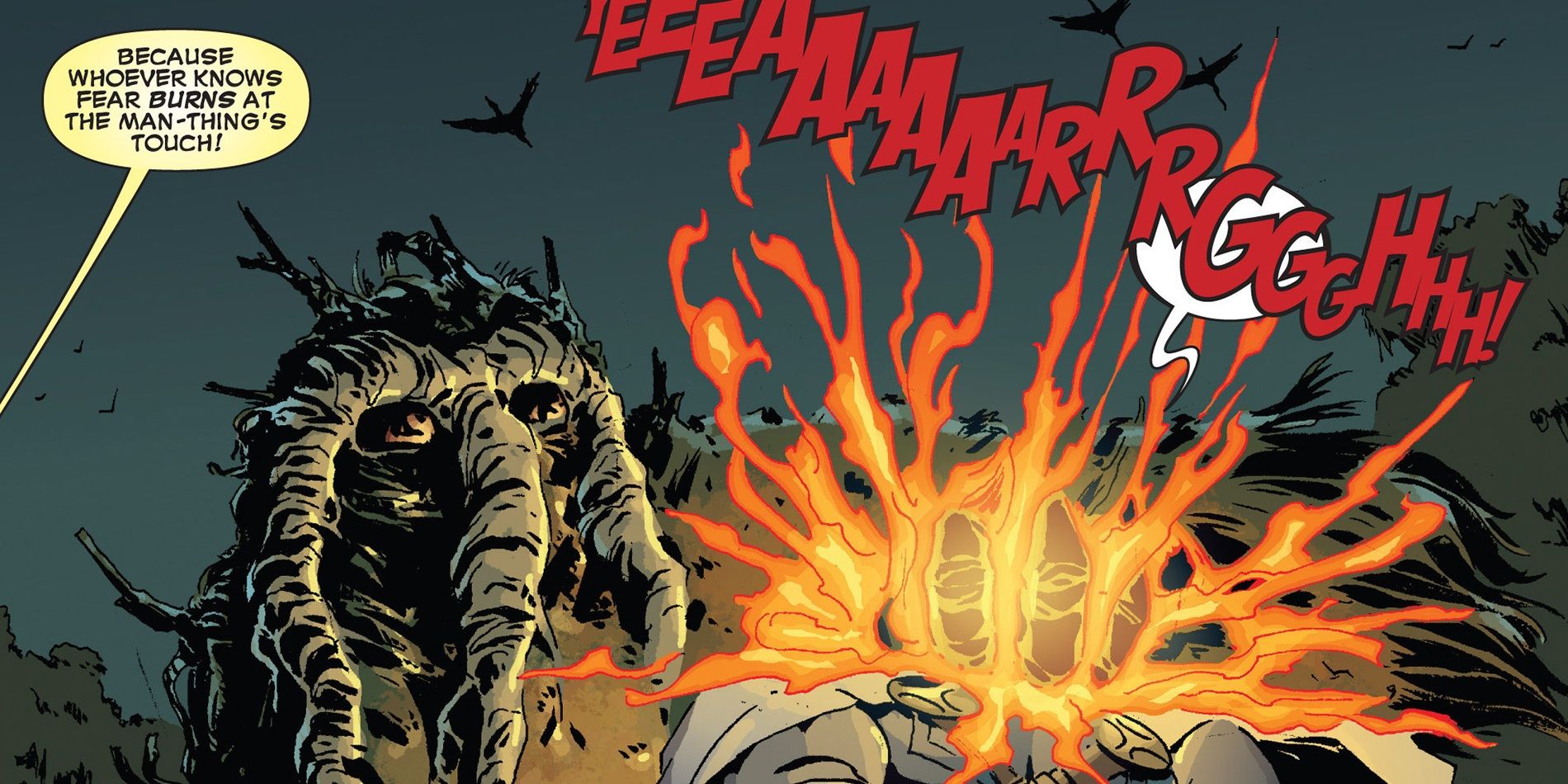 Man-Thing burns the Taskmaster to help Deadpool
