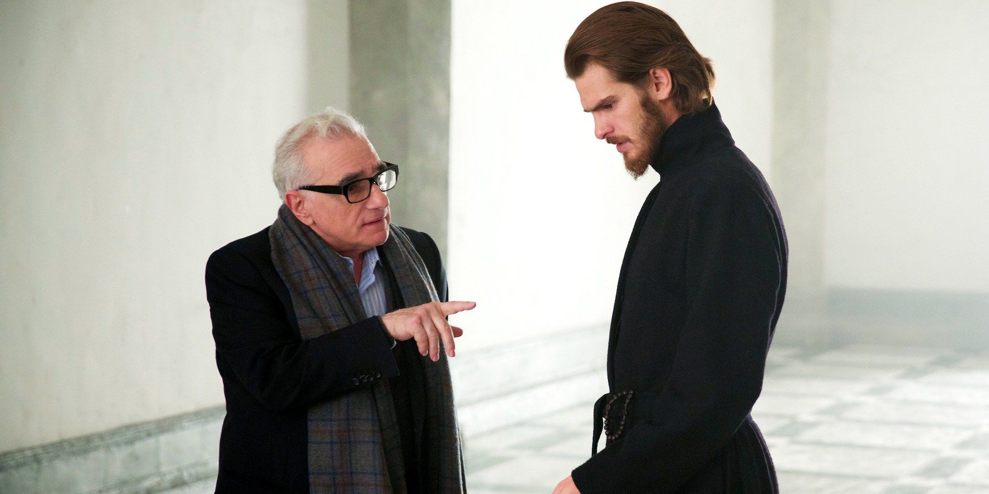 Martin Scorsese directing Andrew Garfield on the set of Silence