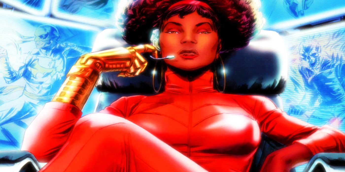 Misty Knight in front of monitors.
