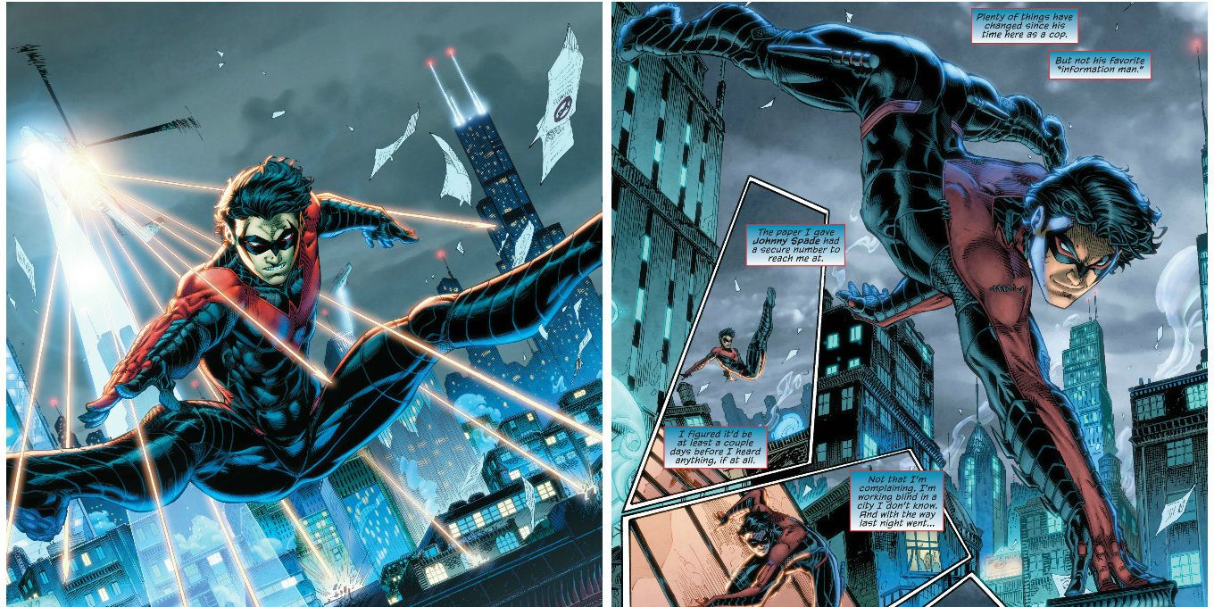 Nightwing flipping around Gotham without gadgets