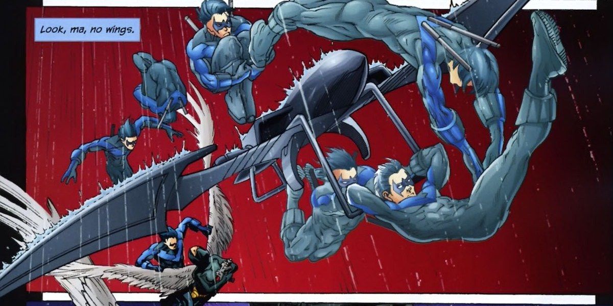 Nightwing somersaulting through the air