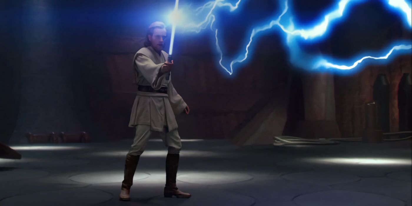 Obi-Wan Kenobi deflecting Count Dooku's Force Lightning