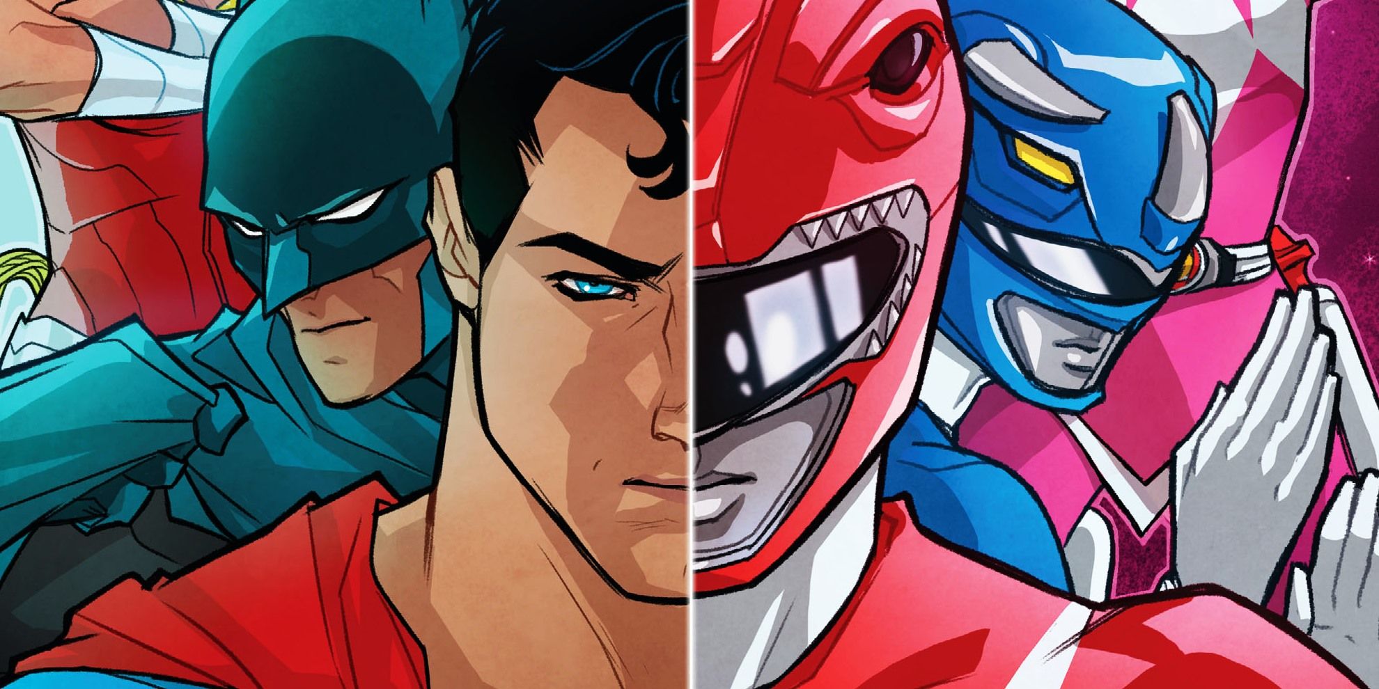  Comic Cover featuring split images of Justice League members and Power Rangers