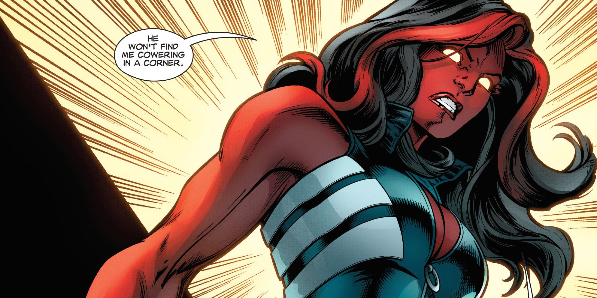 Red She-Hulk prepares to fight in Marvel Comics.