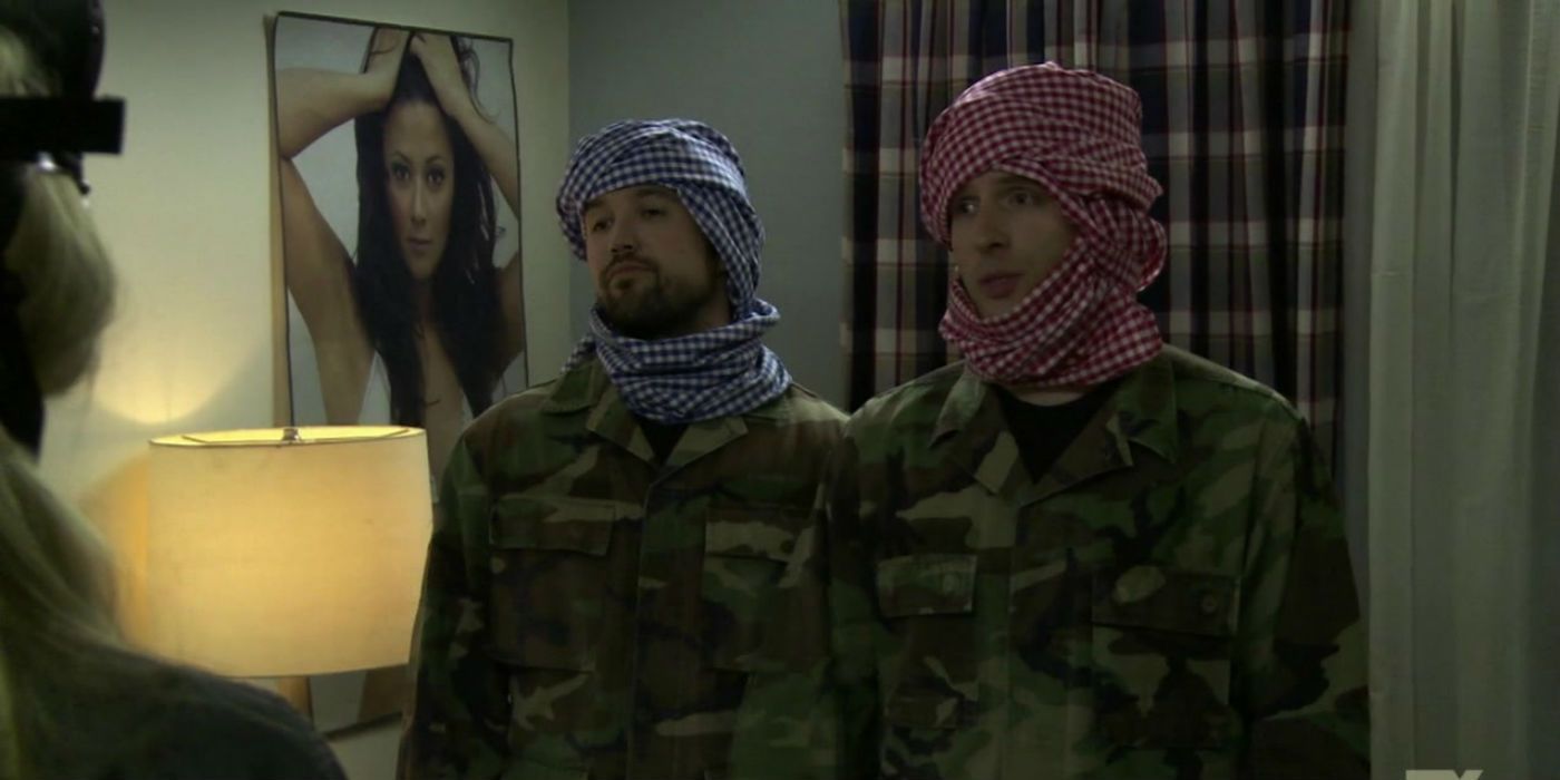Rob McElhenney as Mac and Glenn Howerton as Dennis dress as Jihadists in Its Always Sunny