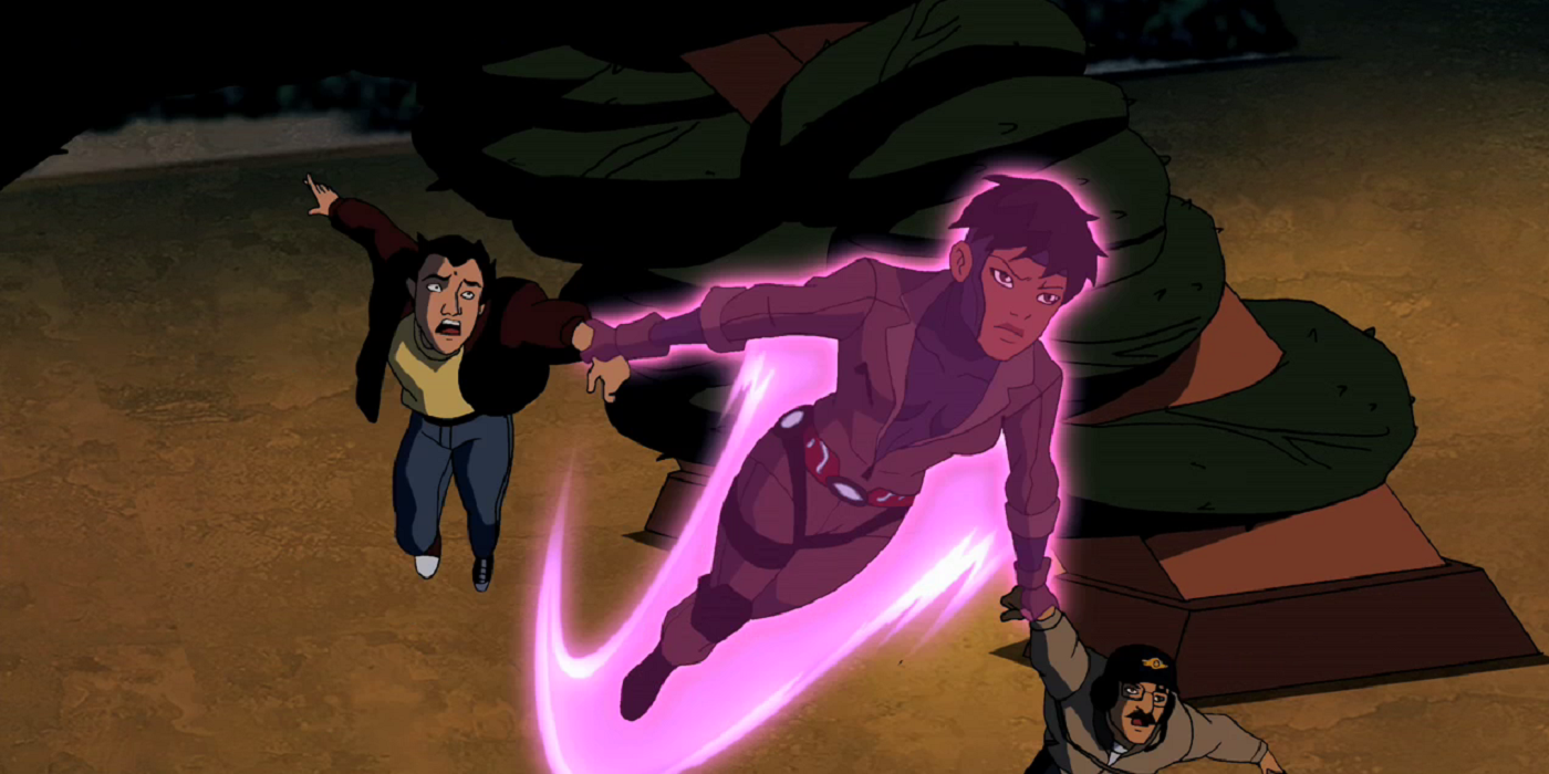 Rocket flying and carrying two men in Young Justice