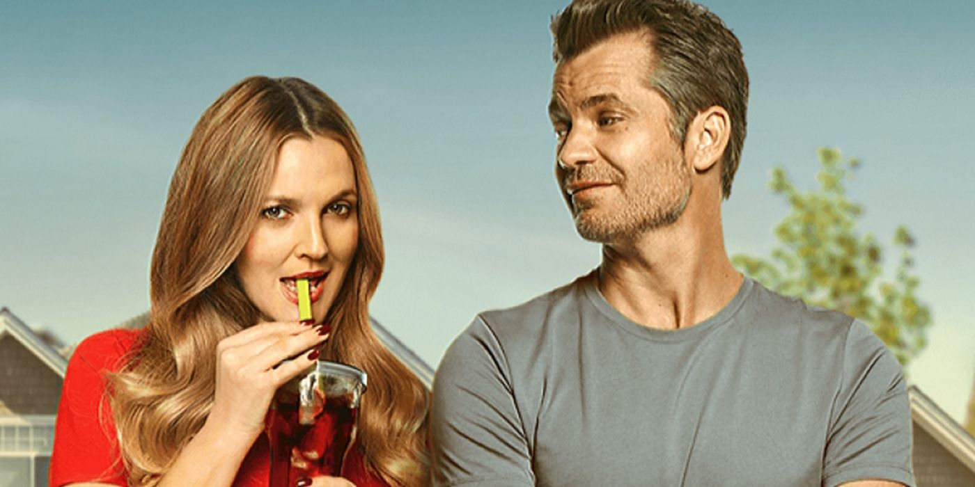 Drew Barrymore drinks blood with a straw in Santa Clarita Diet on Netflix