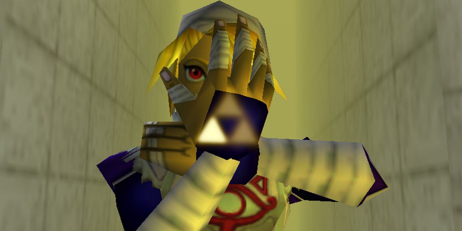 Sheik holding up her hand with the triforce symbol on its back in Ocarina of Time.