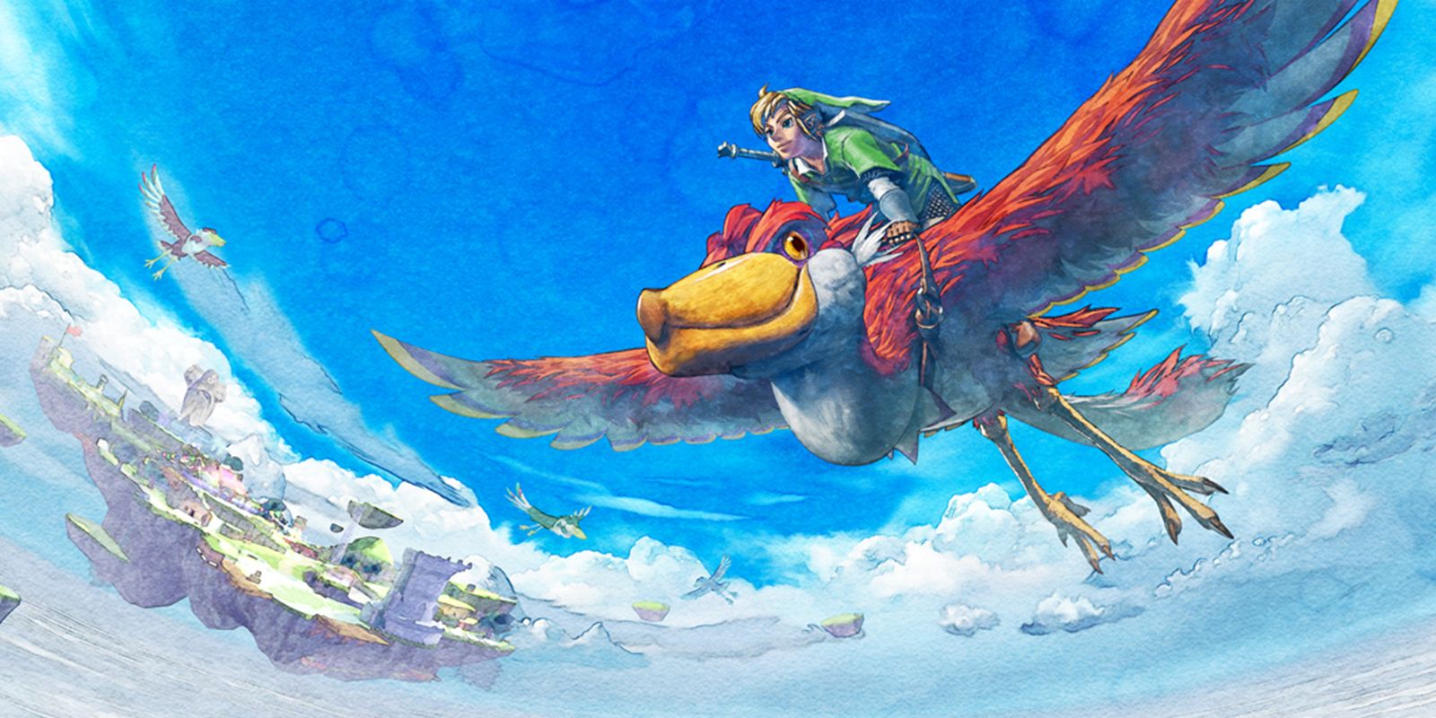 Key art of Link riding his Loftwing in Skyward Sword. Several other Loftwings can be seen in the background flying around Skyloft, the floating town where Link grew up.