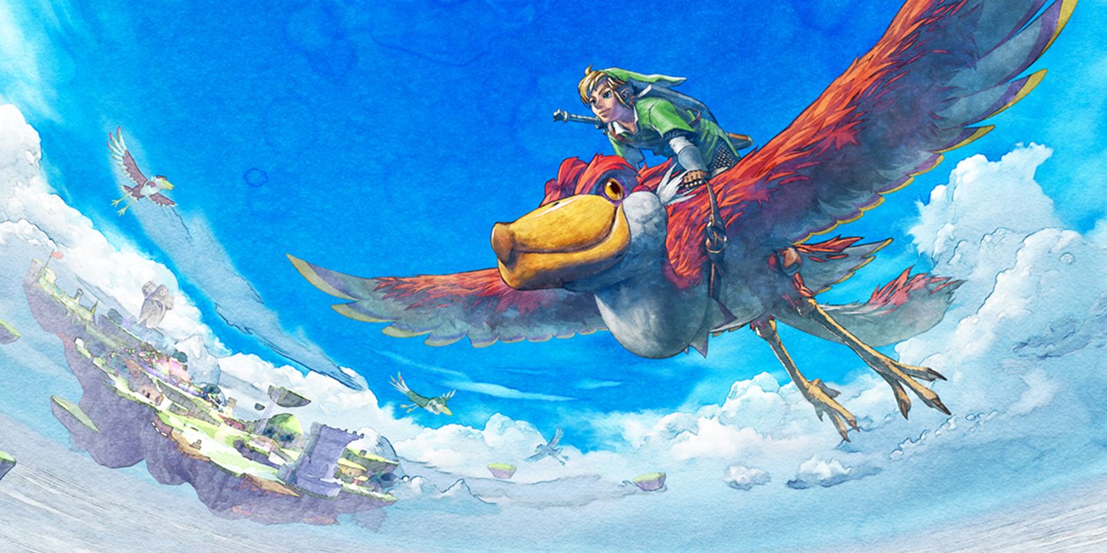 Art Clé De Link Chevauchant Son Loftwing Dans Skyward Sword.  Plusieurs Autres Loftwings Peuvent Être Vus En Arrière-Plan Volant Autour De Skyloft, La Ville Flottante Où Link A Grandi.