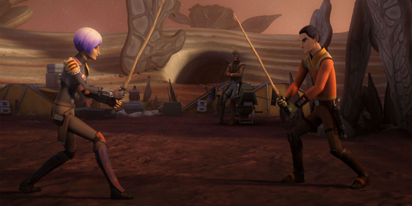 Ezra and Sabine train with one another under Kanan in Star Wars Rebels