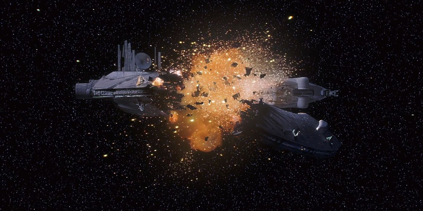 The Trade Federation command ship blows up in Star Wars The Phantom Menace