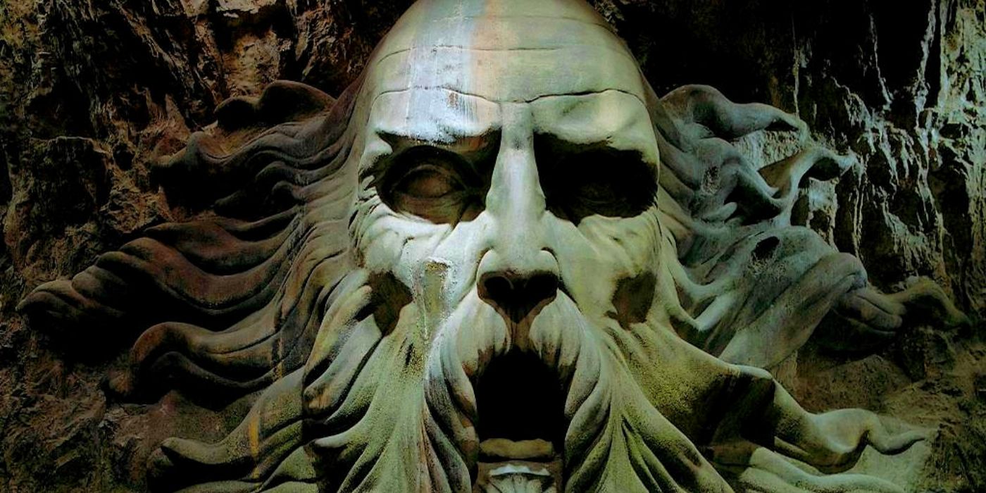 Statue of Salazar Slytherin inside the Chamber of Secrets in Harry Potter