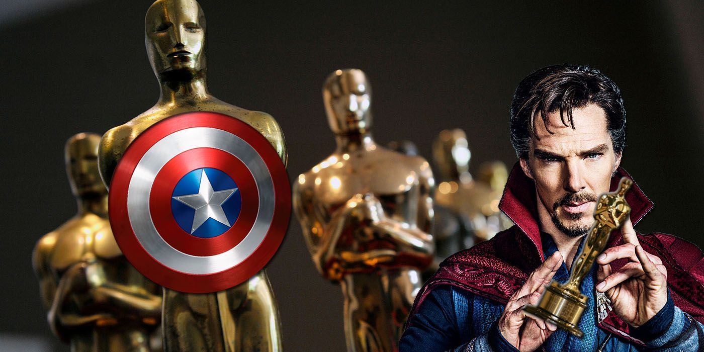 Superhero Oscars - Statues, Captain America's Shield and Doctor Strange with statue