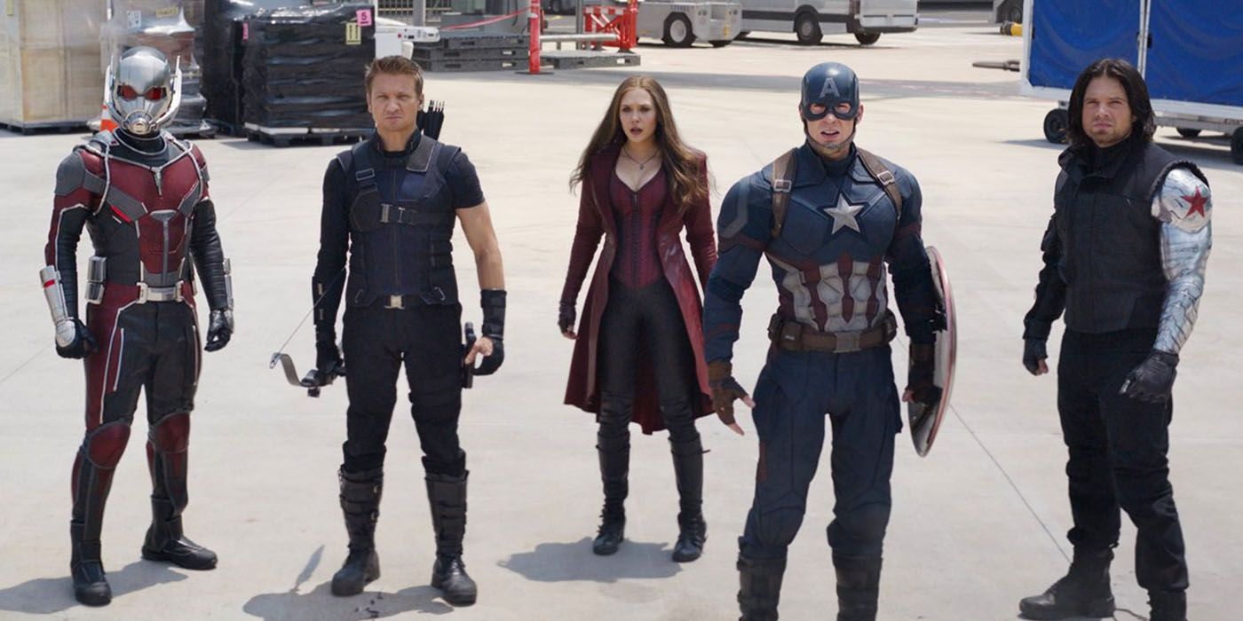 Captain America, Ant-Man, Hawkeye, Scarlet Witch, And Winter Soldier Standing Together While Wearing Their Superhero Suits From Captain America Civil War
