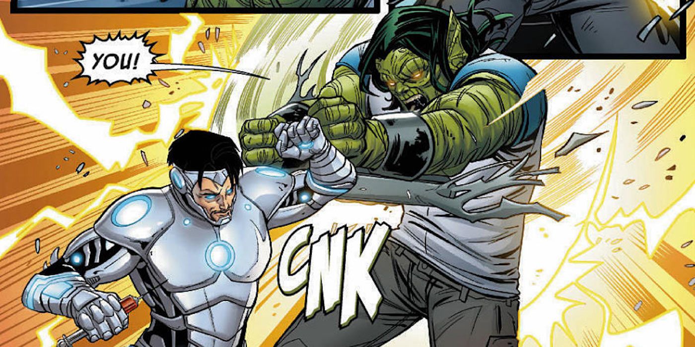 Teen Abomination fights Superior Iron Man in Marvel Comics.