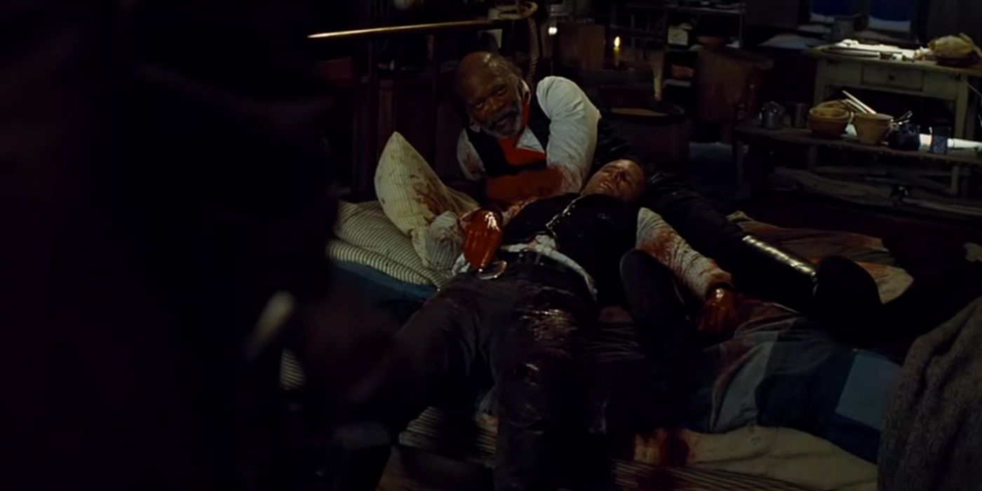 Mannix and Warren covered in blood in The Hateful Eight