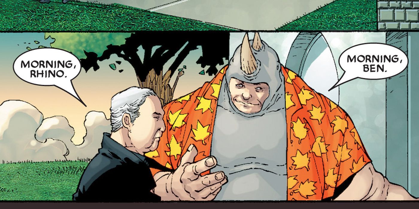 Uncle Ben being greeted by Rhino in House of M 