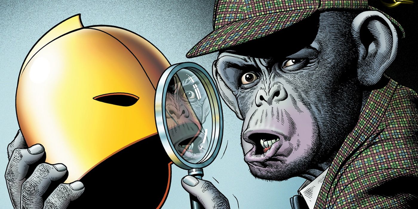 Detective Chimp holding the Helm Of Nabu in DC Comics.