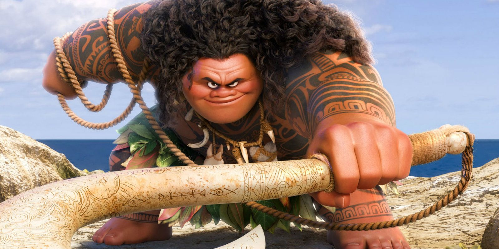 Moana's Maui holding his hook and bending down towards the audience 