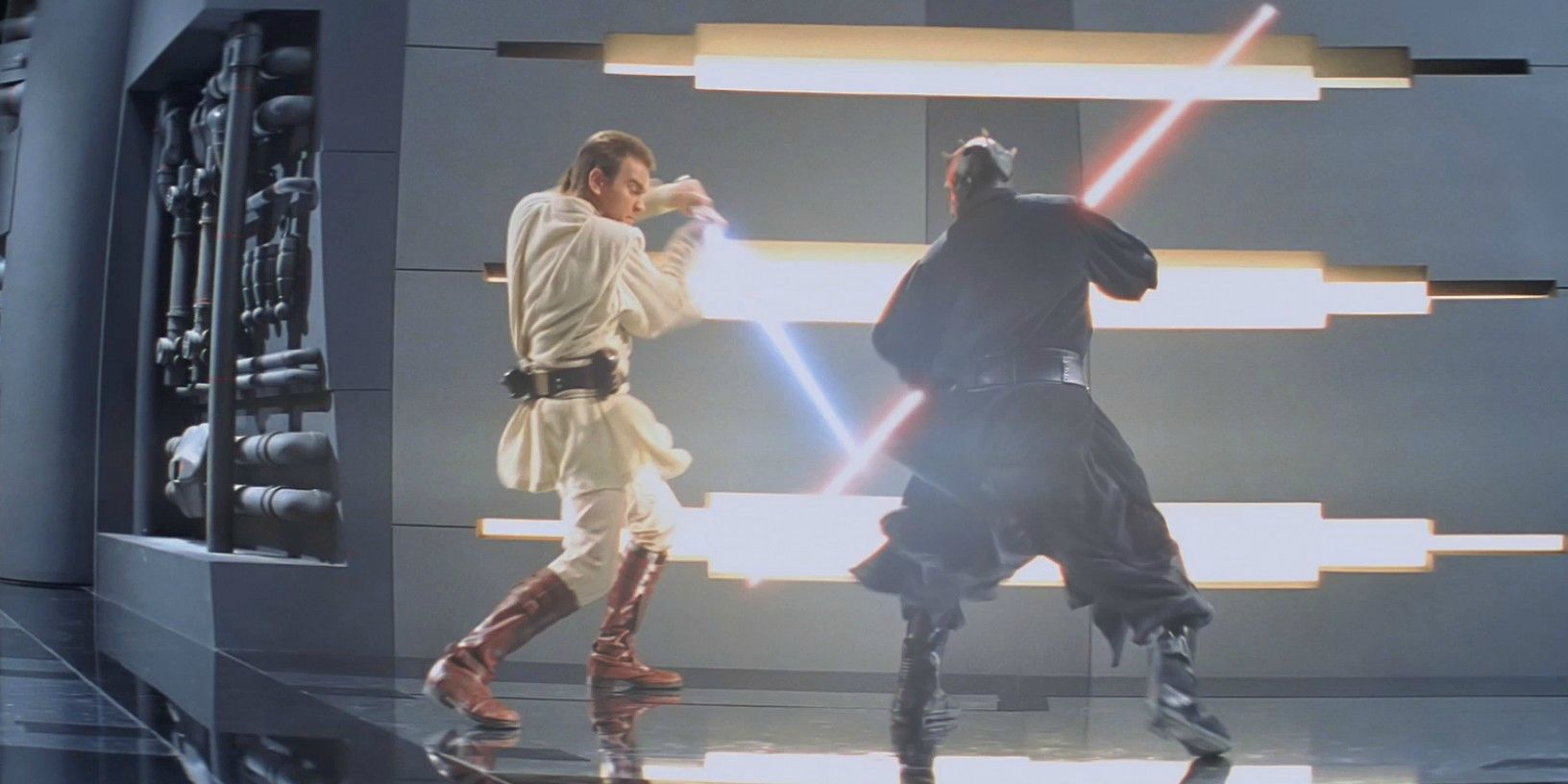Obi Wan Kenobi fighting Darth Maul after he kills Qui-Gon Jinn in Phantom Menace