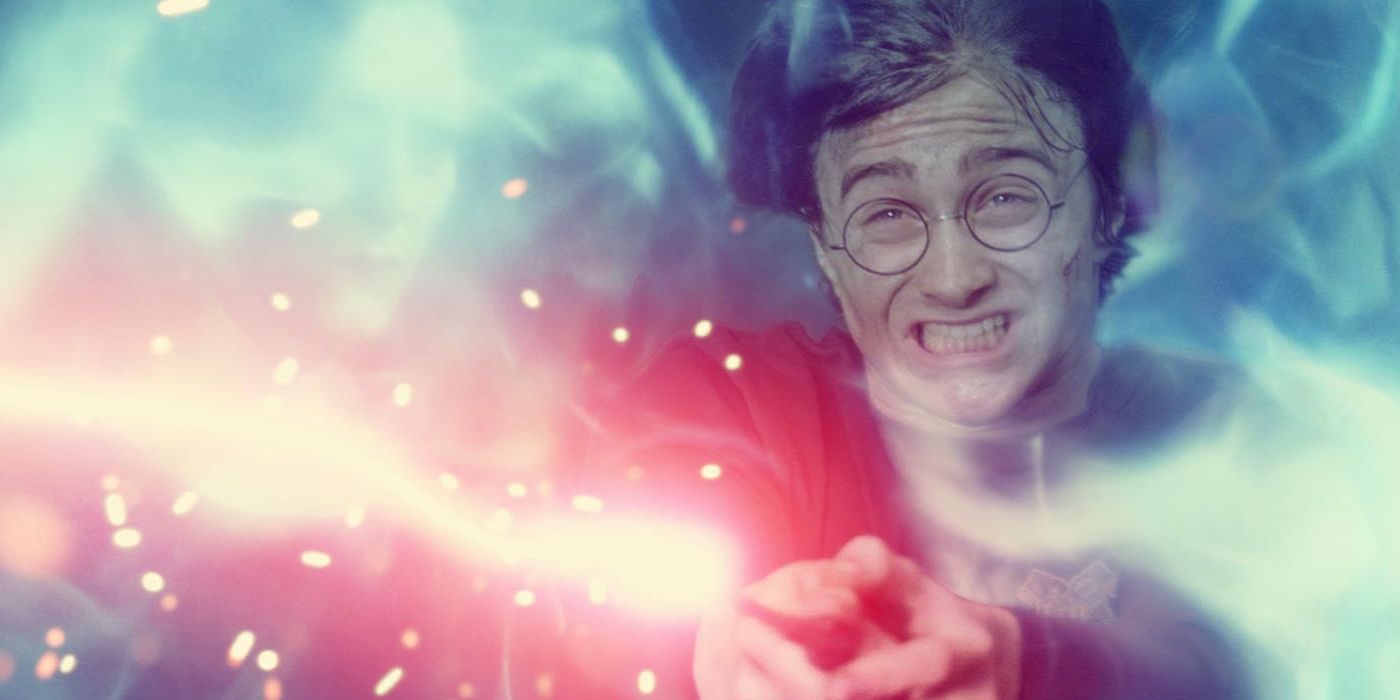 Harry Potter using his wand against Voldemort