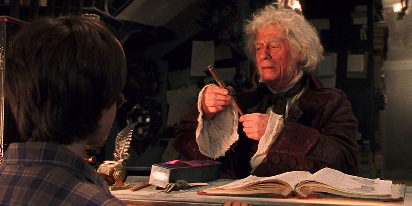 Olivander examining a wand in Harry Potter and the Sorcerers Stone