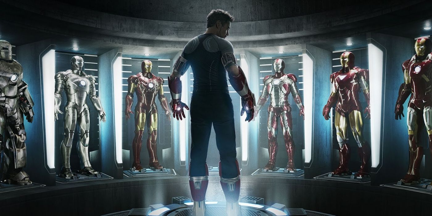A selection of Tony Stark's Iron Man suits on the poster for Iron Man 3