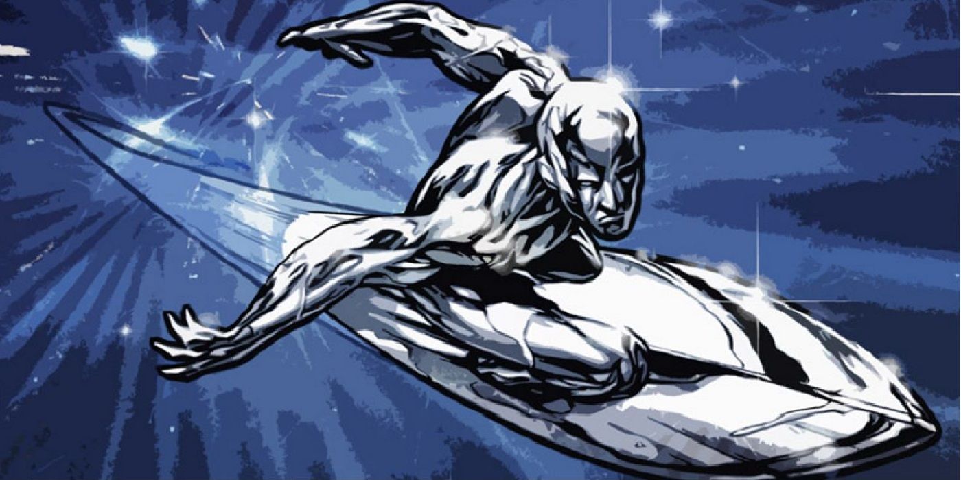 The Silver Surfer on his board in space