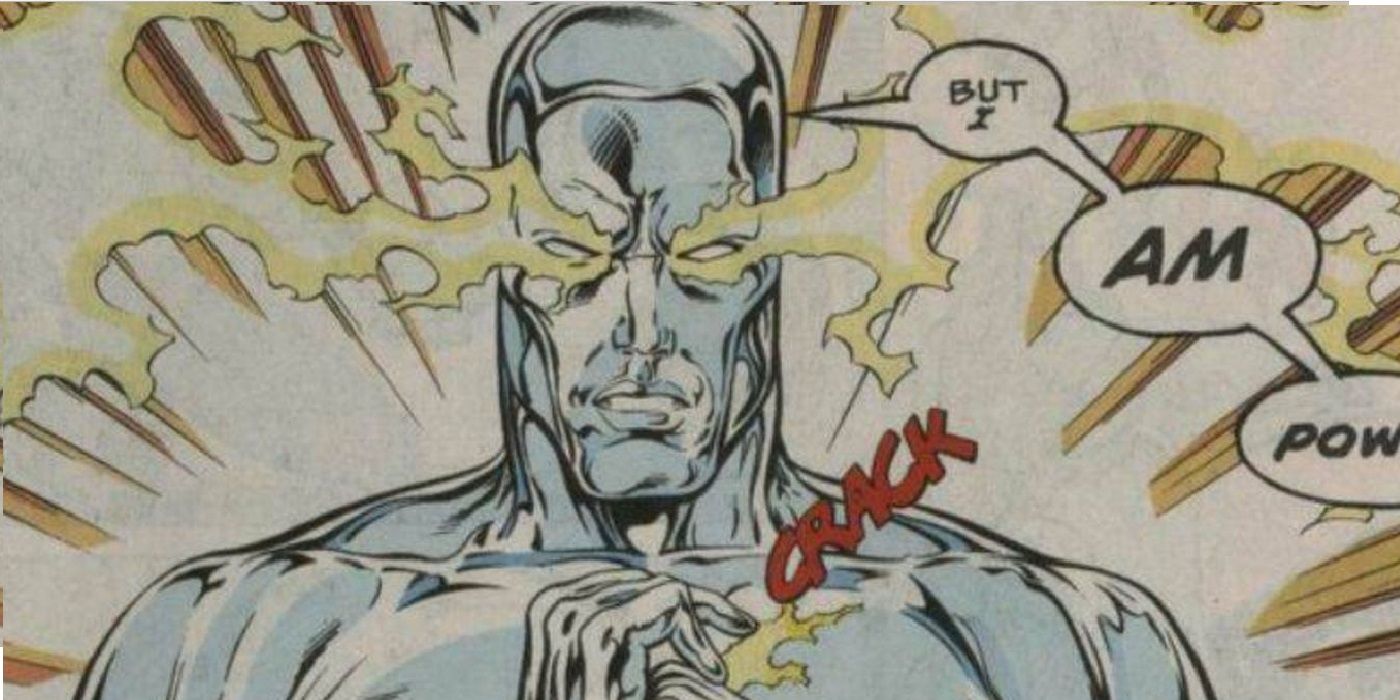 Silver Surfer's eyes glow as he uses the Power Cosmic in Marvel Comics.