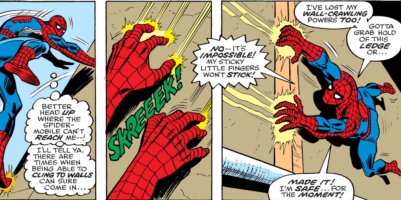 Spider-Man can't stick to walls after a gas attack in Amazing Spider-Man #160
