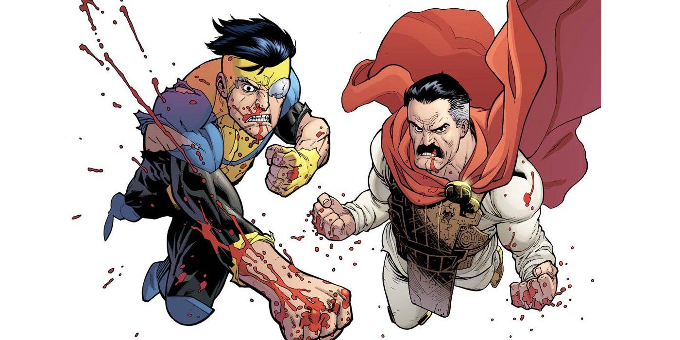 Invincible and Omni-Man fighting in panel from Image Comics