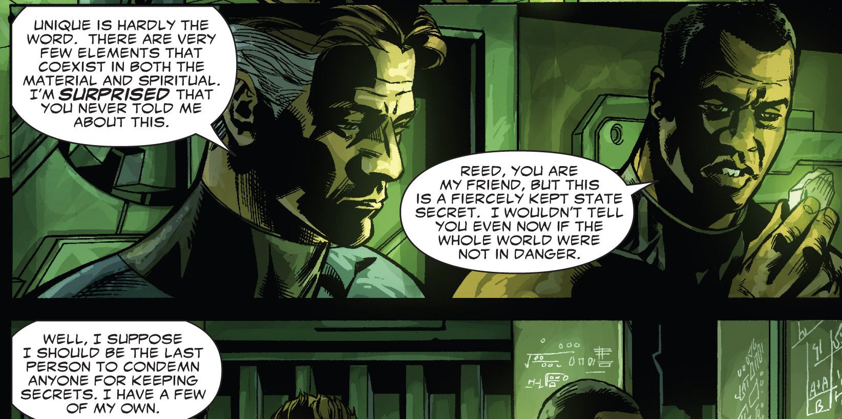 T'Challa and Reed Richards discuss vibranium in Doomwar #5
