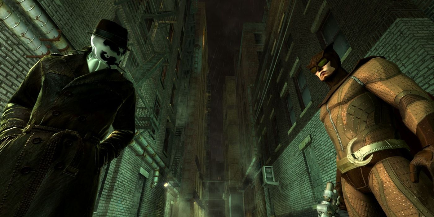 A screenshot featuring Rorschach and Nite Owl from Watchmen: The End is Nigh