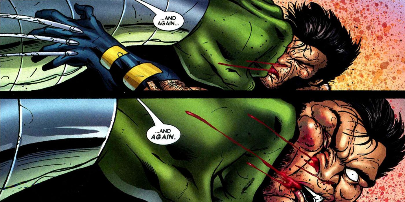 World War Hulk punches Wolverine in Marvel Comics.