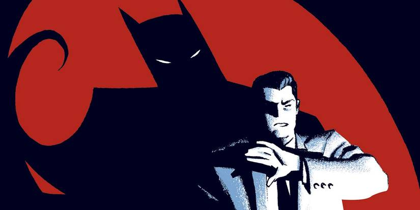 Comic book art: Bruce Wayne looks into a spotlight as a Batman shadow stretches behind him.