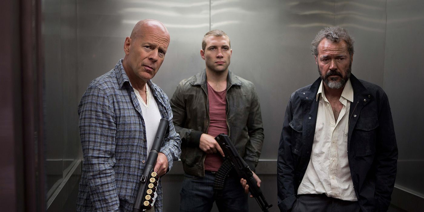 John McLane (Bruce Willis) in elevator with Jack and Komarov in A Good Day to Die Hard