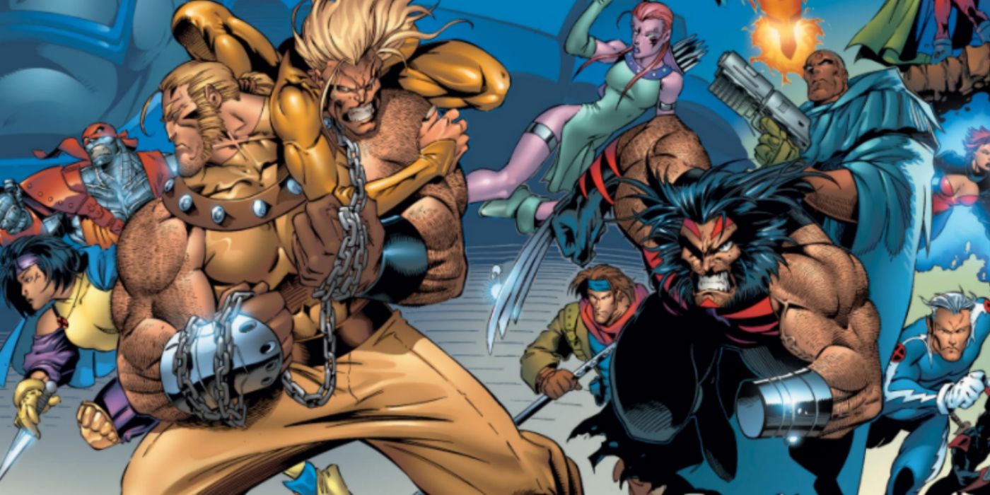 Sabretooth and Wolverine rush into battle in the Age of Apocalypse comic book storyline.