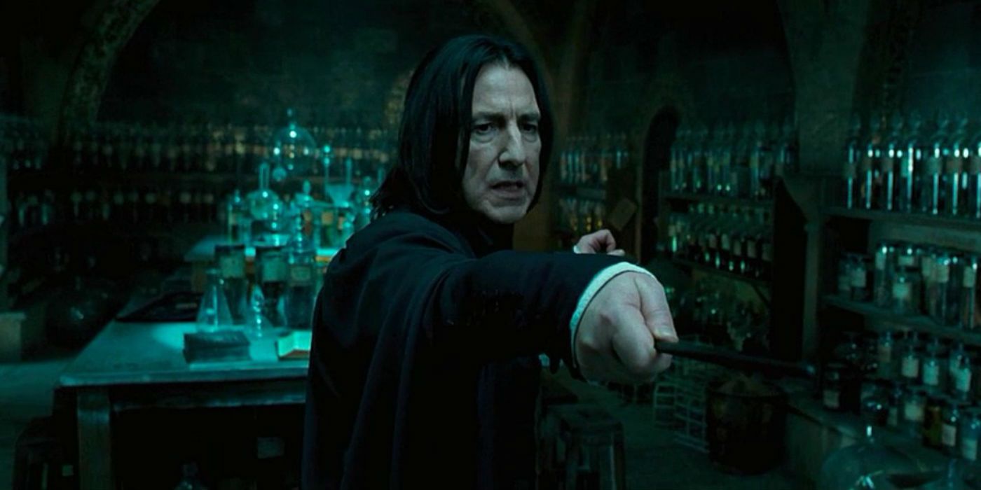 Alan Rickman as Severus Snape Using His Wand in the Potions Classroom