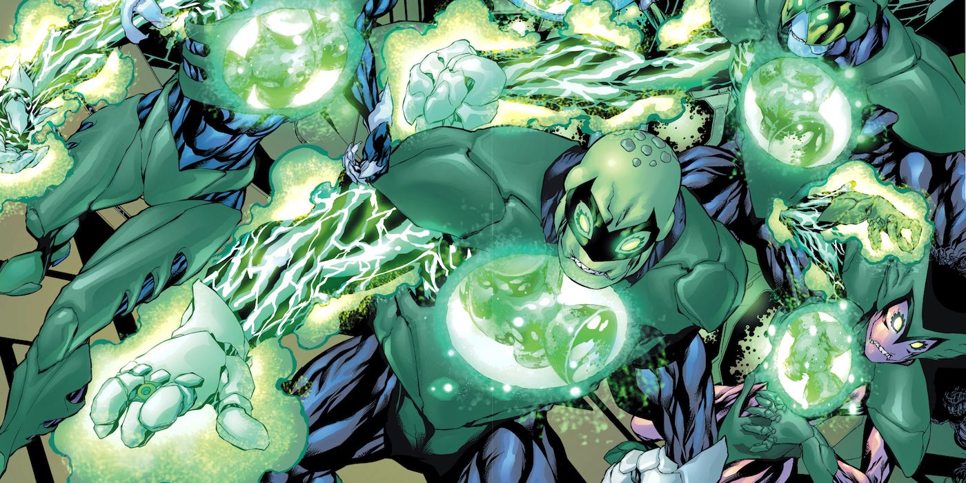 The Alpha Division of the Green Lantern Corps fighting in DC comics.