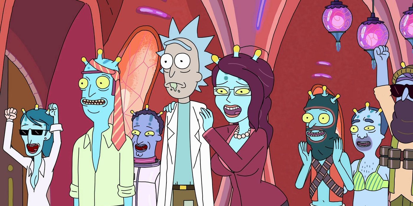 Unity surrounding a shocked looking Rick in Auto Erotic Assimilation from Rick and Morty