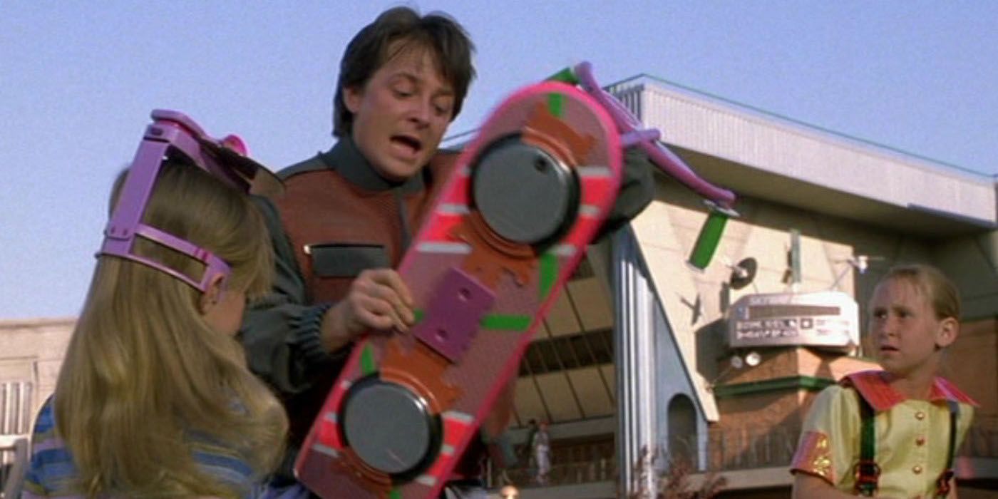Marty grabs his hoverboard in Back to the Future Part II