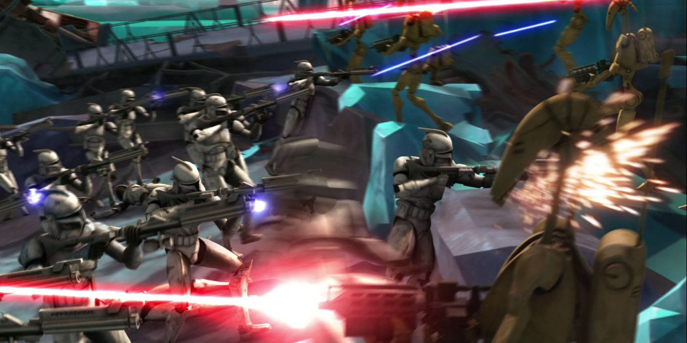 Clone troopers advance on the Separatists during the Battle of Christophsis in The Clone Wars movie