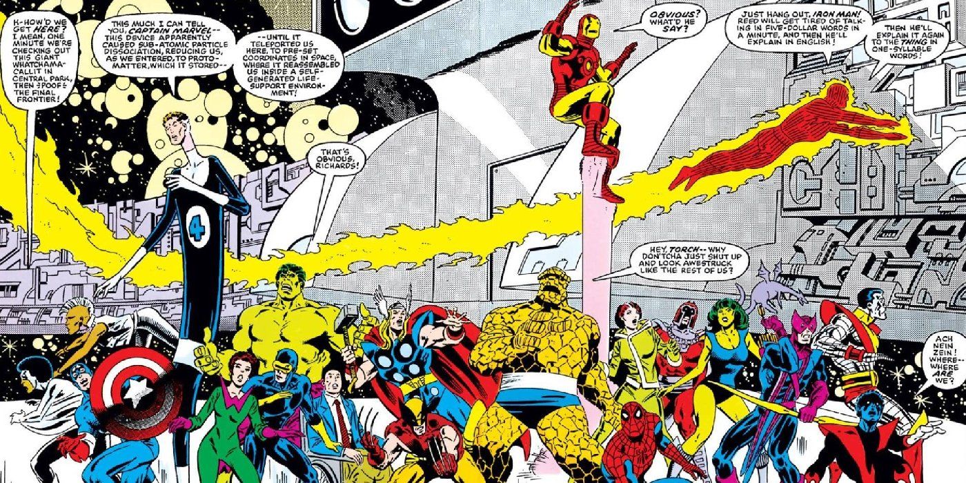 An image of Marvel's heroes assembled on Battleworld in Secret Wars. 